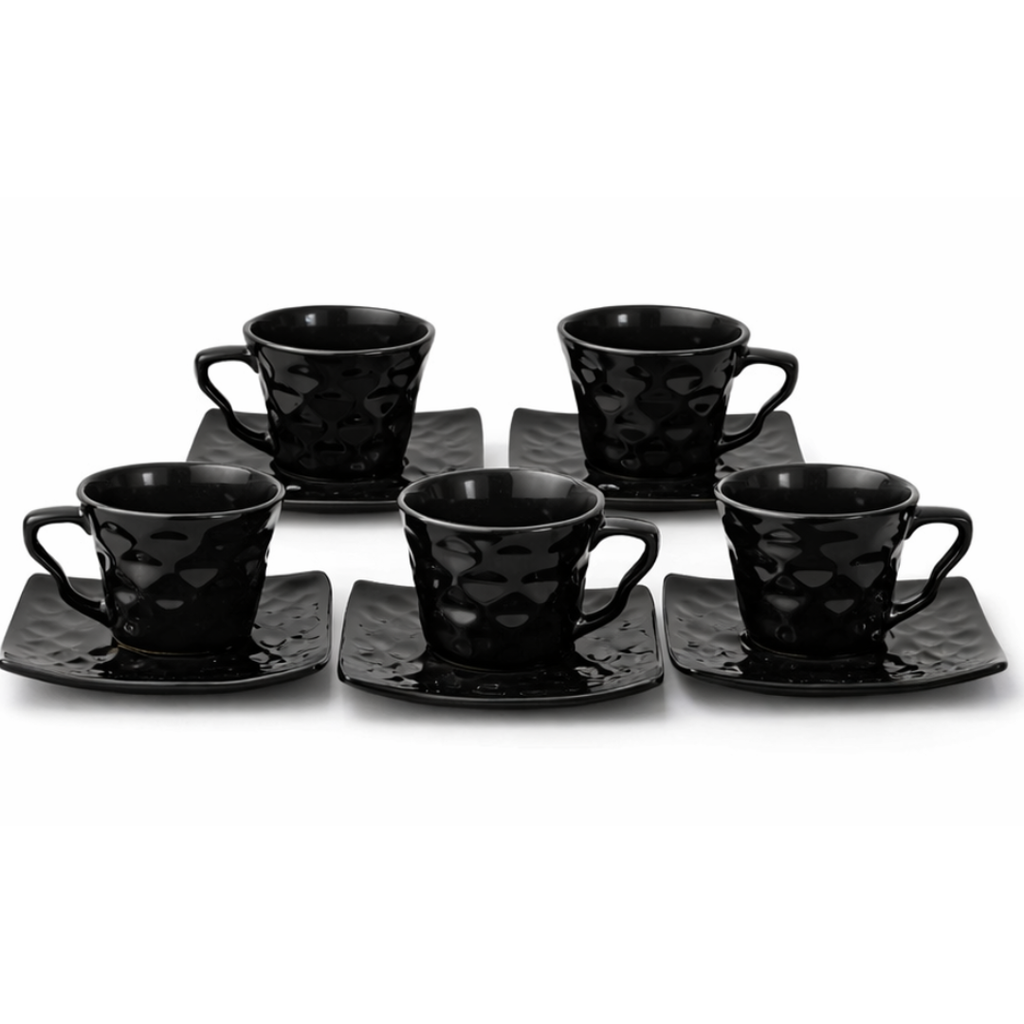 Cerapot Textured Finish Ceramic Cup & Saucer Set of 6 – Black Glossy Coffee & Tea Cups with Square Saucers