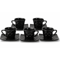 Cerapot Textured Finish Ceramic Cup & Saucer Set of 6 – Black Glossy Coffee & Tea Cups with Square Saucers