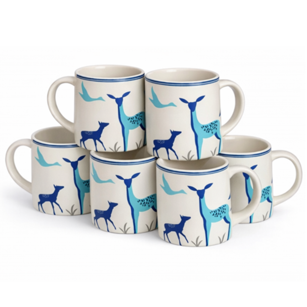 Cearpot Alive Ceramic Milk Mug Set of 6 – 330 ml Deer & Bird Printed Coffee & Tea Cups