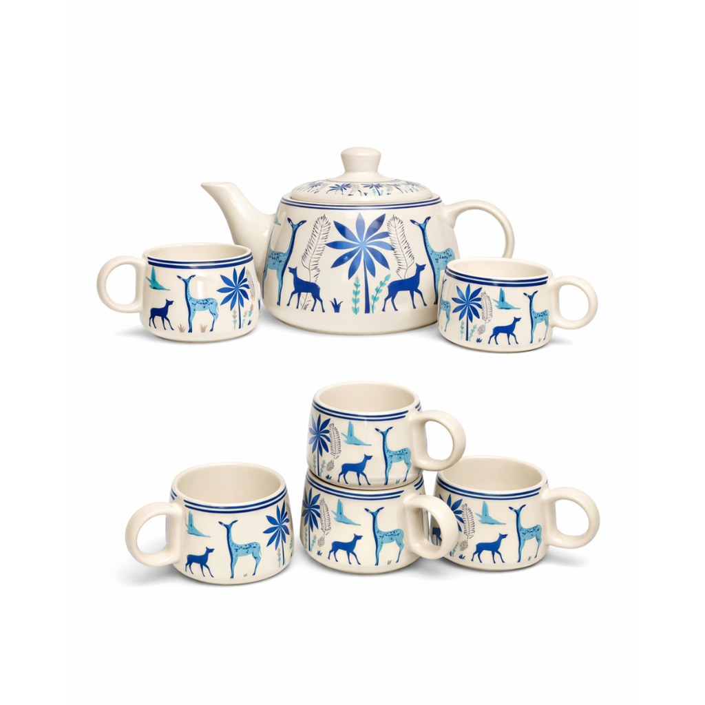 Cerapot Alive Ceramic Morning Tea Set – Teapot with 6 Cups | Blue Animal Print | 7-Piece Premium Serveware Set