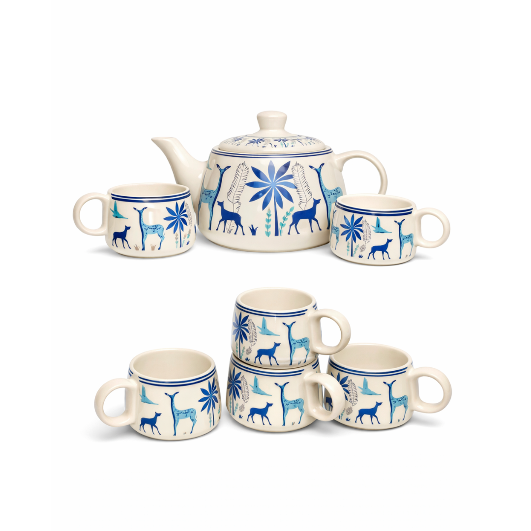Cerapot Alive Ceramic Morning Tea Set – Teapot with 6 Cups | Blue Animal Print | 7-Piece Premium Serveware Set