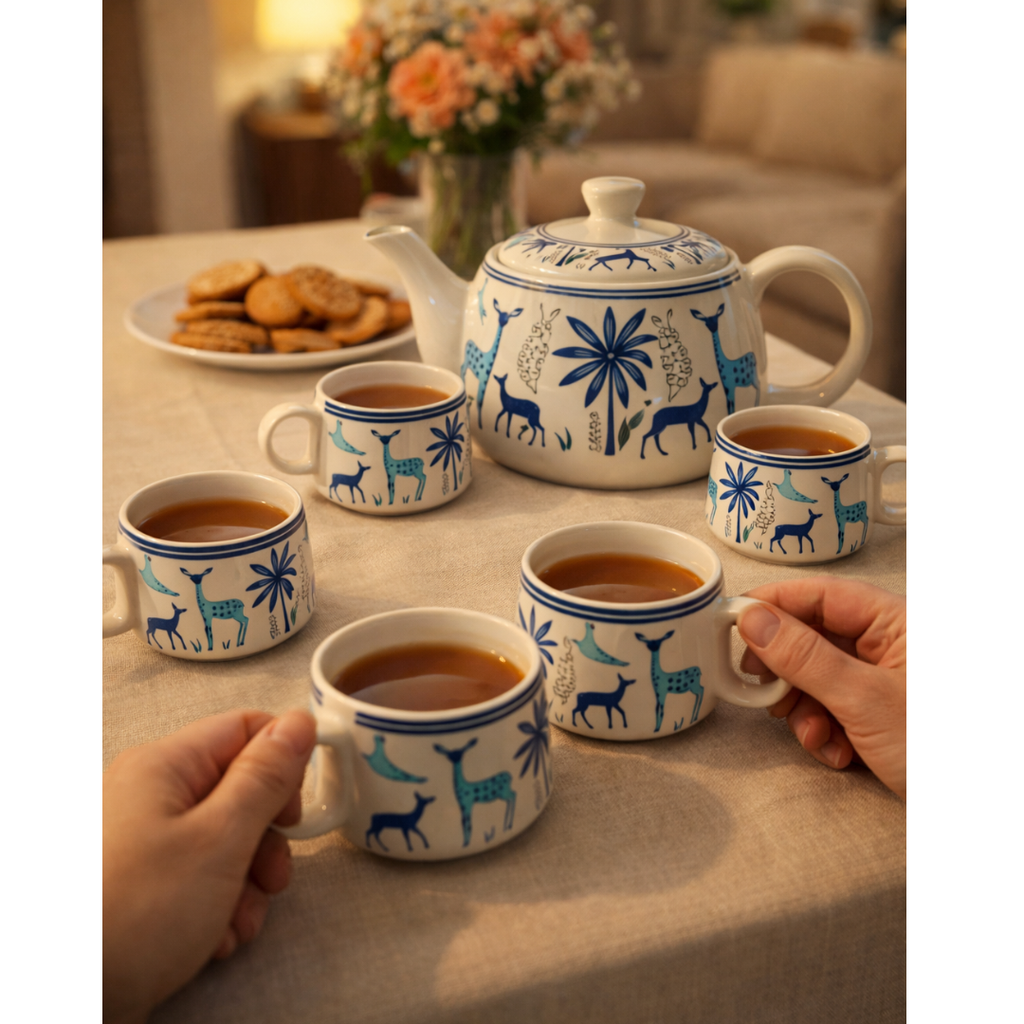 Cerapot Alive Ceramic Morning Tea Set – Teapot with 6 Cups | Blue Animal Print | 7-Piece Premium Serveware Set