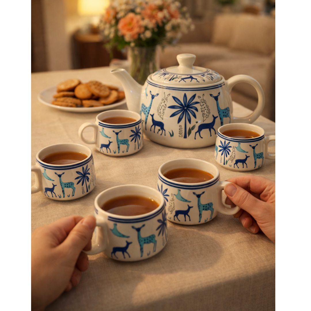 Cerapot Alive Ceramic Morning Tea Set – Teapot with 6 Cups | Blue Animal Print | 7-Piece Premium Serveware Set