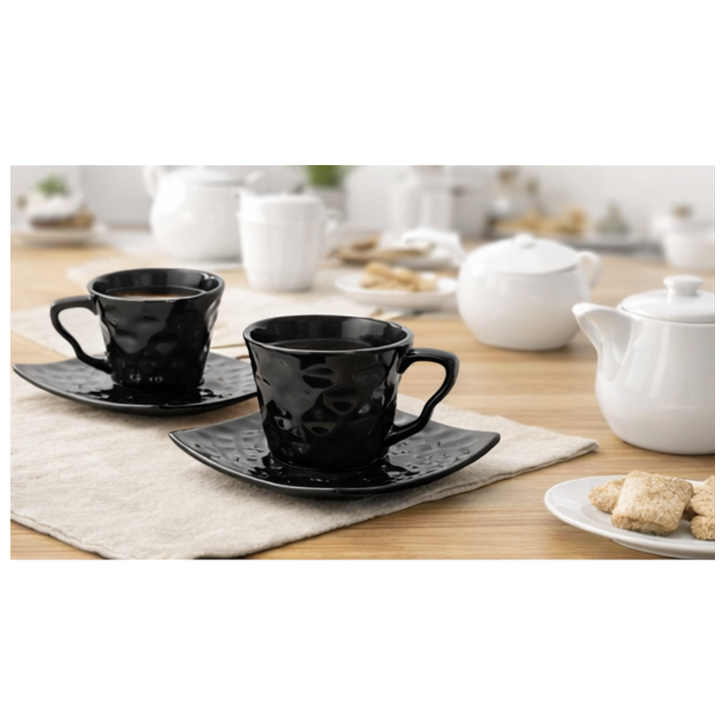 Cerapot Textured Finish Ceramic Cup & Saucer Set of 6 – Black Glossy Coffee & Tea Cups with Square Saucers