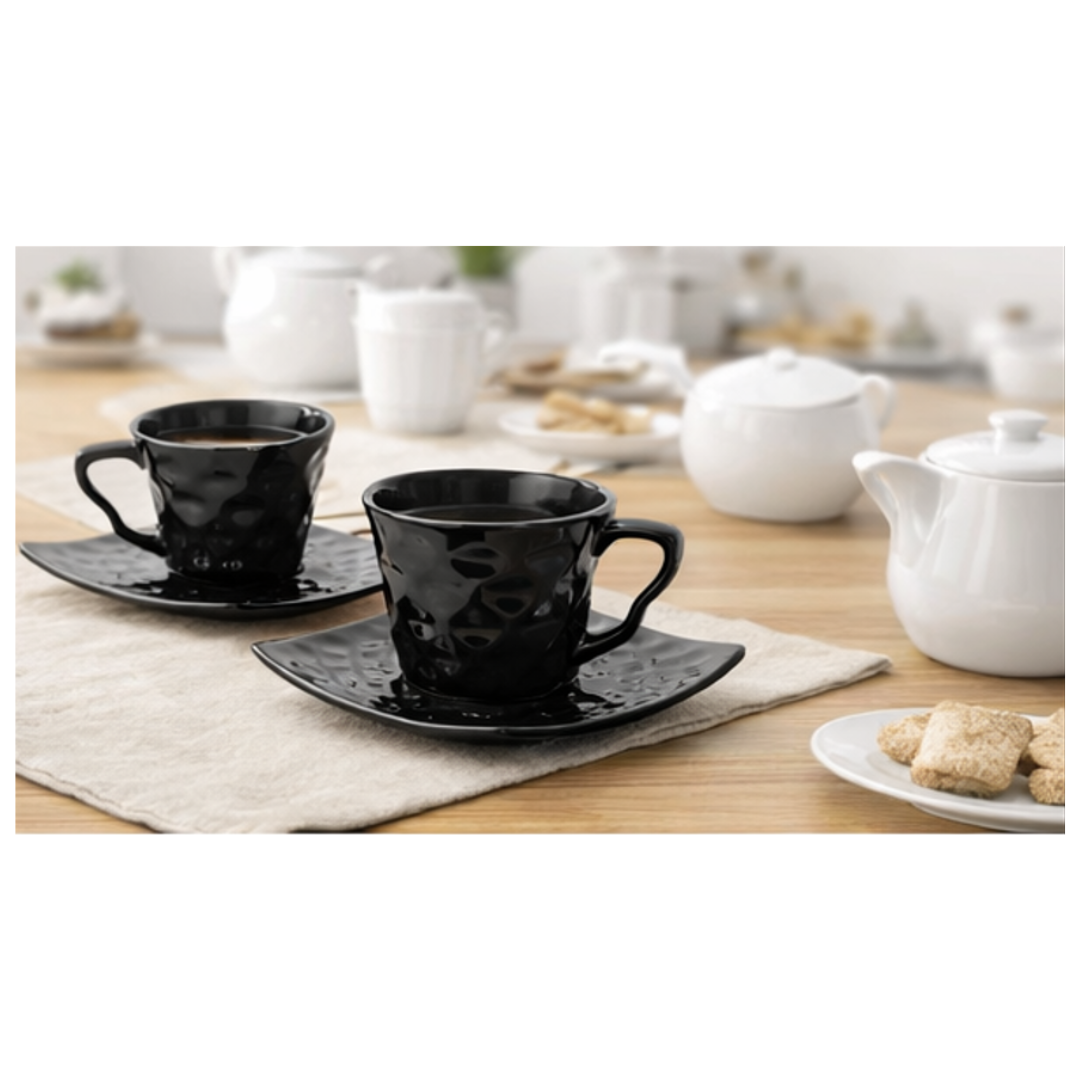 Cerapot Textured Finish Ceramic Cup & Saucer Set of 6 – Black Glossy Coffee & Tea Cups with Square Saucers