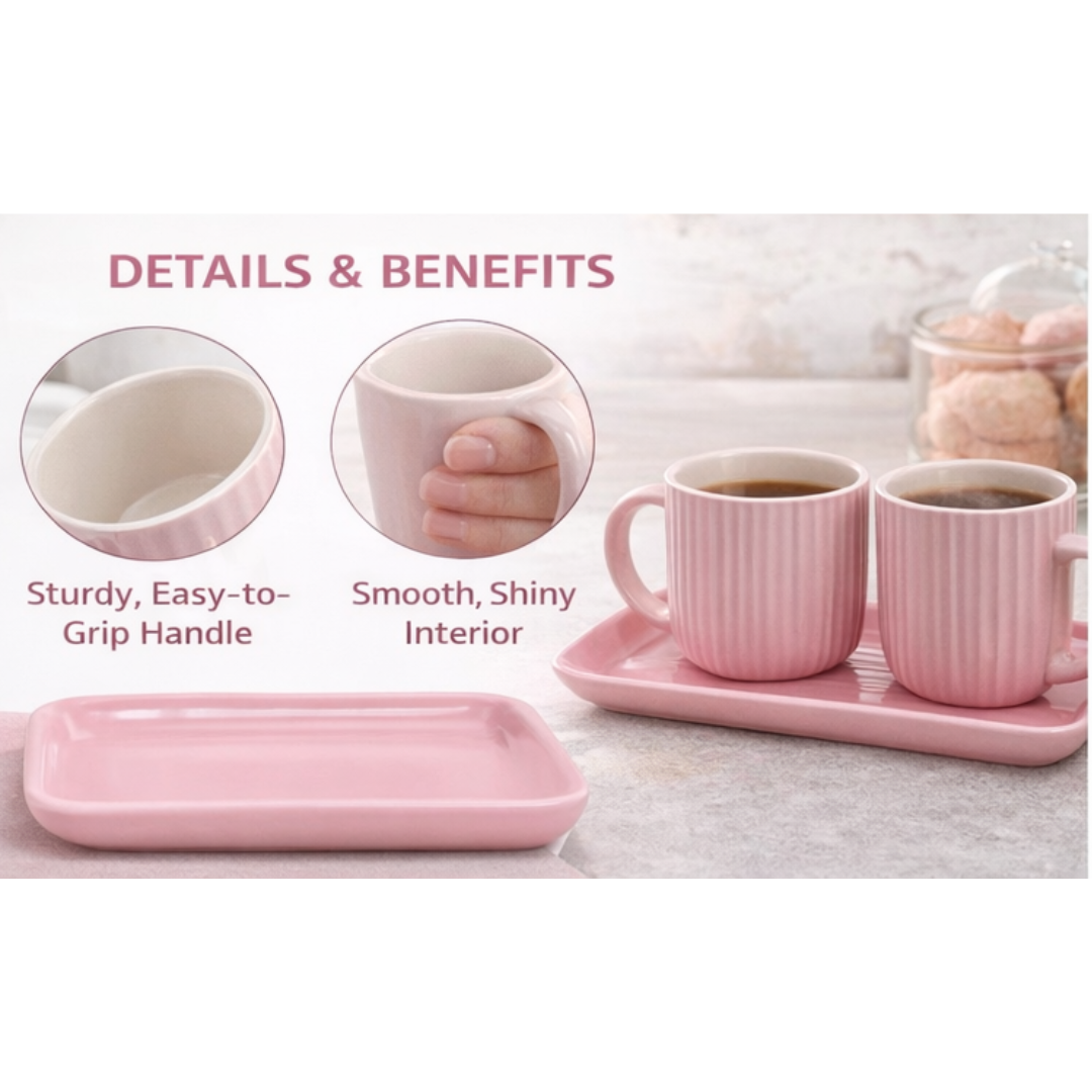 Cerapot Pink Ceramic Stripe Tea & Coffee Mug Set with Tray – Ribbed Design Cups | Set of 2 with Serving Tray
