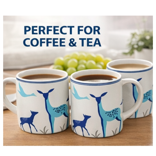 Cearpot Alive Ceramic Milk Mug Set of 6 – 330 ml Deer & Bird Printed Coffee & Tea Cups