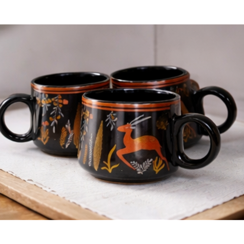 Cerapot Alive Ceramic Tea Mug Set of 6 – Black Deer Print Coffee & Chai Cups