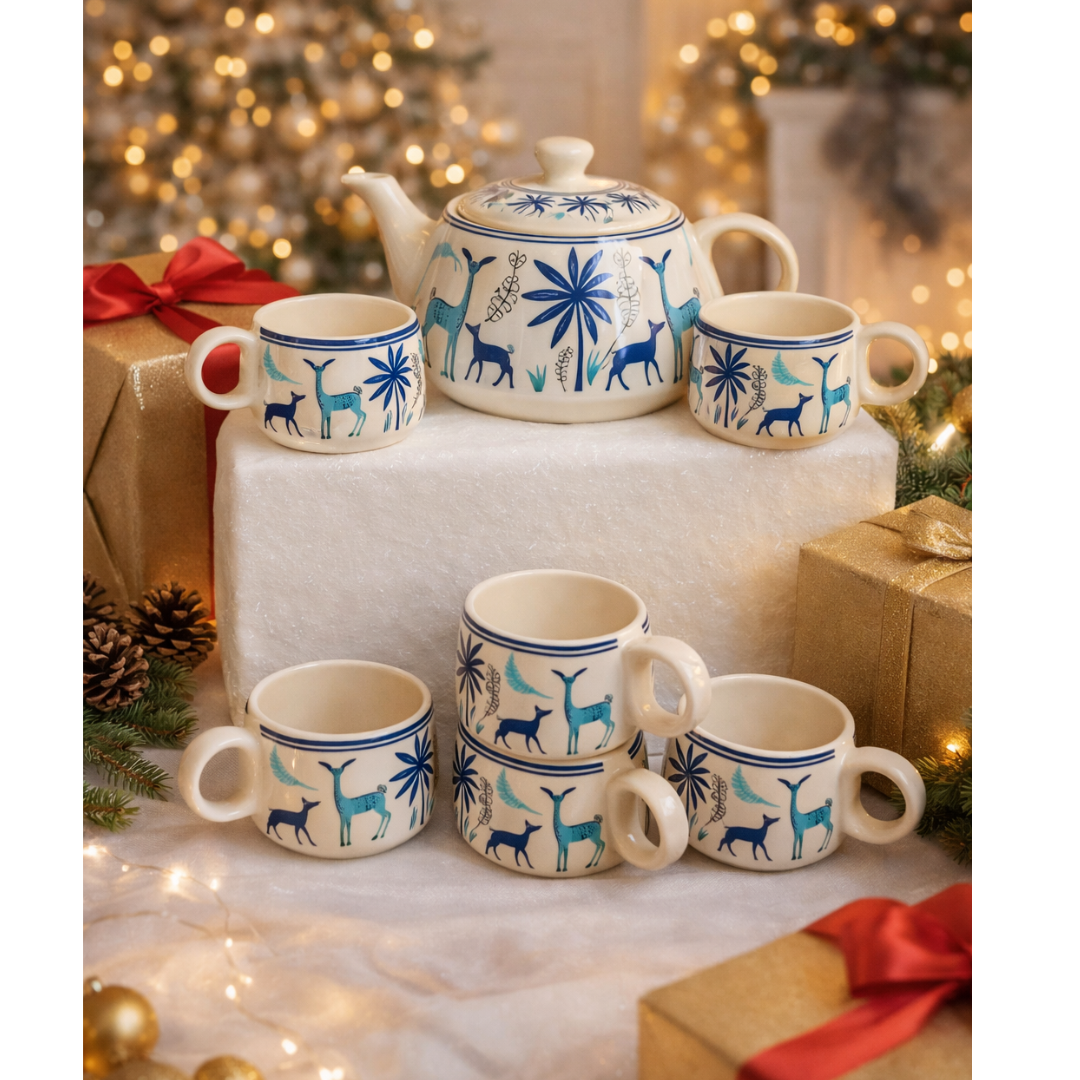 Cerapot Alive Ceramic Morning Tea Set – Teapot with 6 Cups | Blue Animal Print | 7-Piece Premium Serveware Set