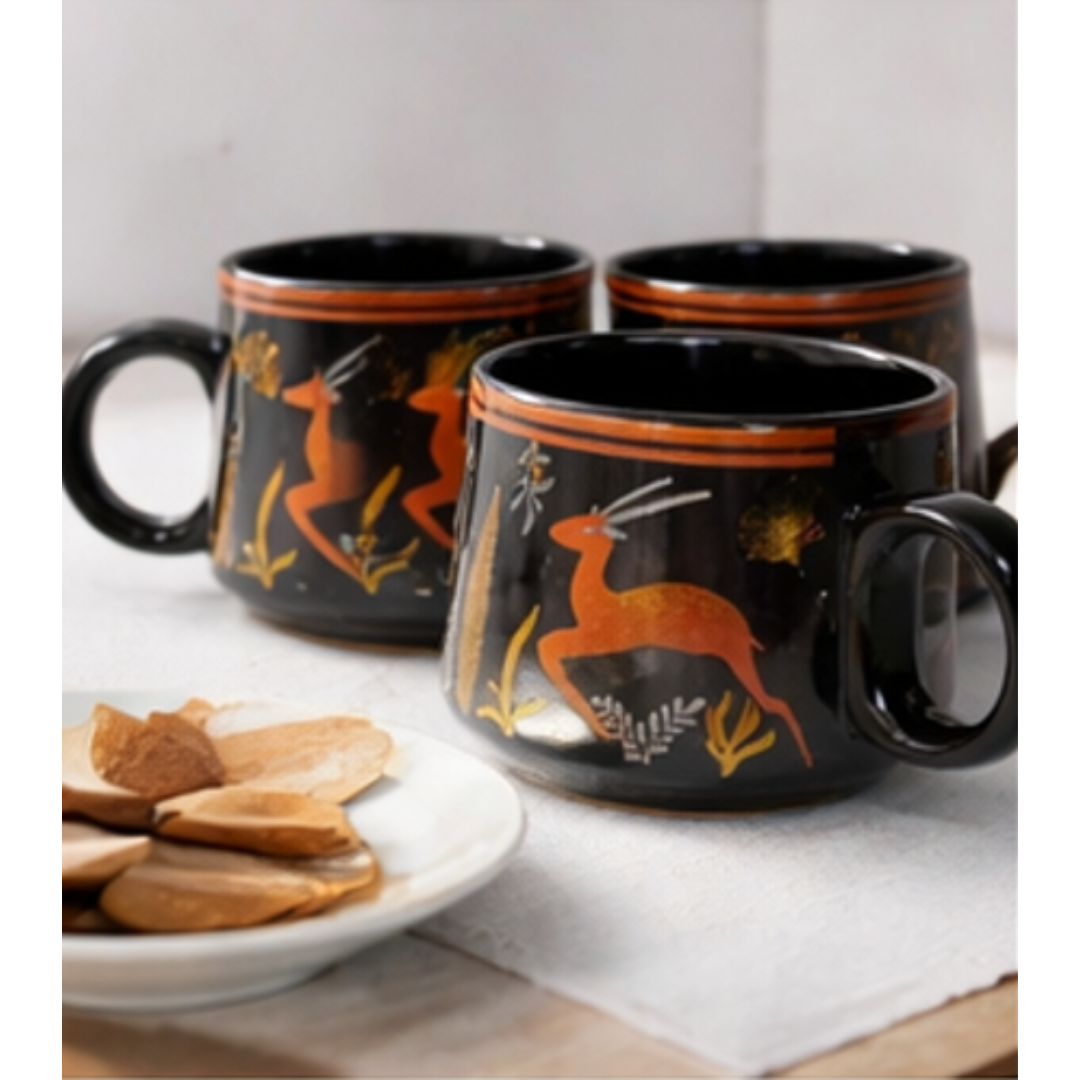 Cerapot Alive Ceramic Tea Mug Set of 6 – Black Deer Print Coffee & Chai Cups