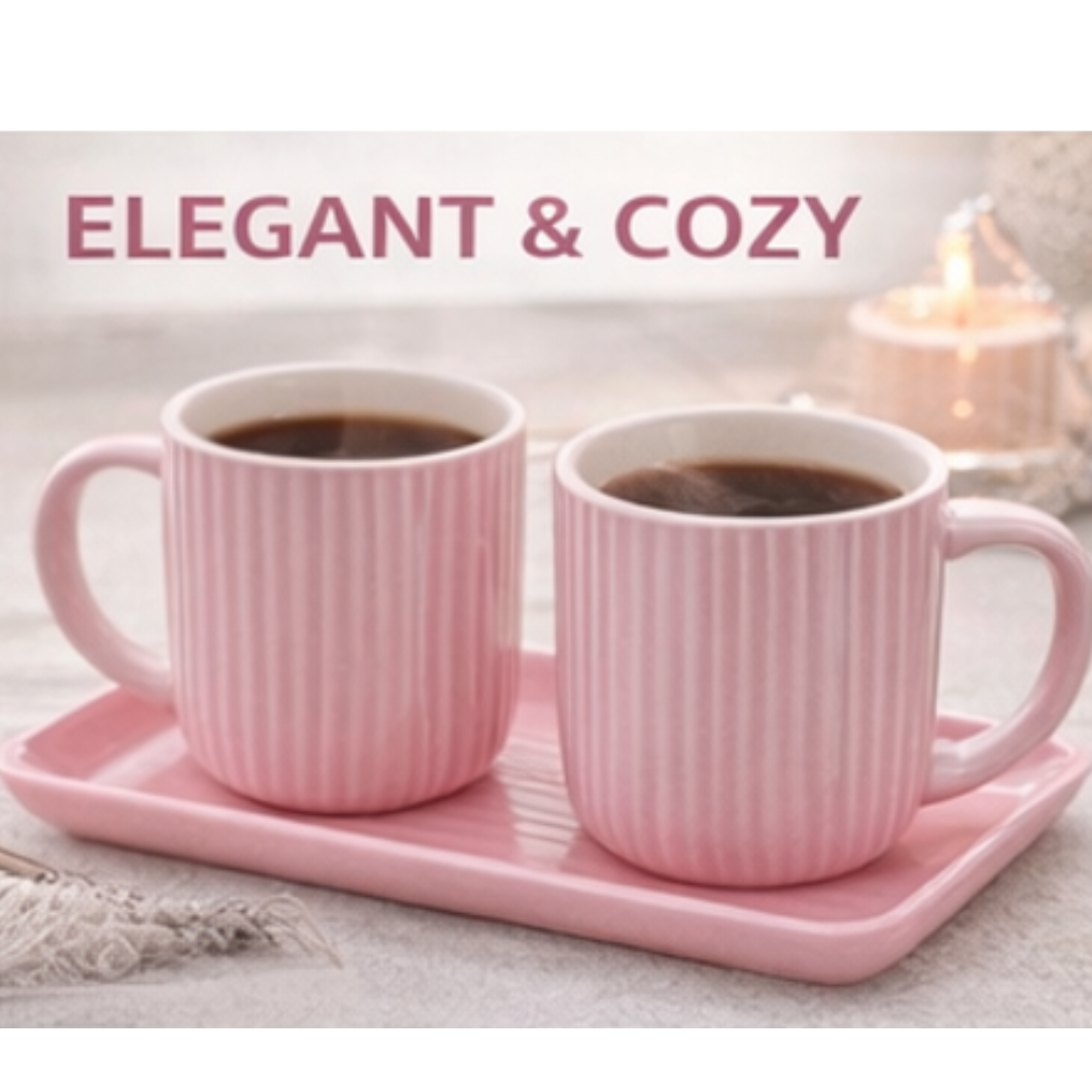 Cerapot Pink Ceramic Stripe Tea & Coffee Mug Set with Tray – Ribbed Design Cups | Set of 2 with Serving Tray