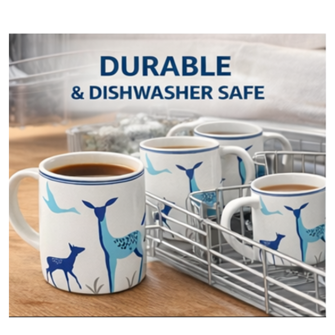 Cearpot Alive Ceramic Milk Mug Set of 6 – 330 ml Deer & Bird Printed Coffee & Tea Cups