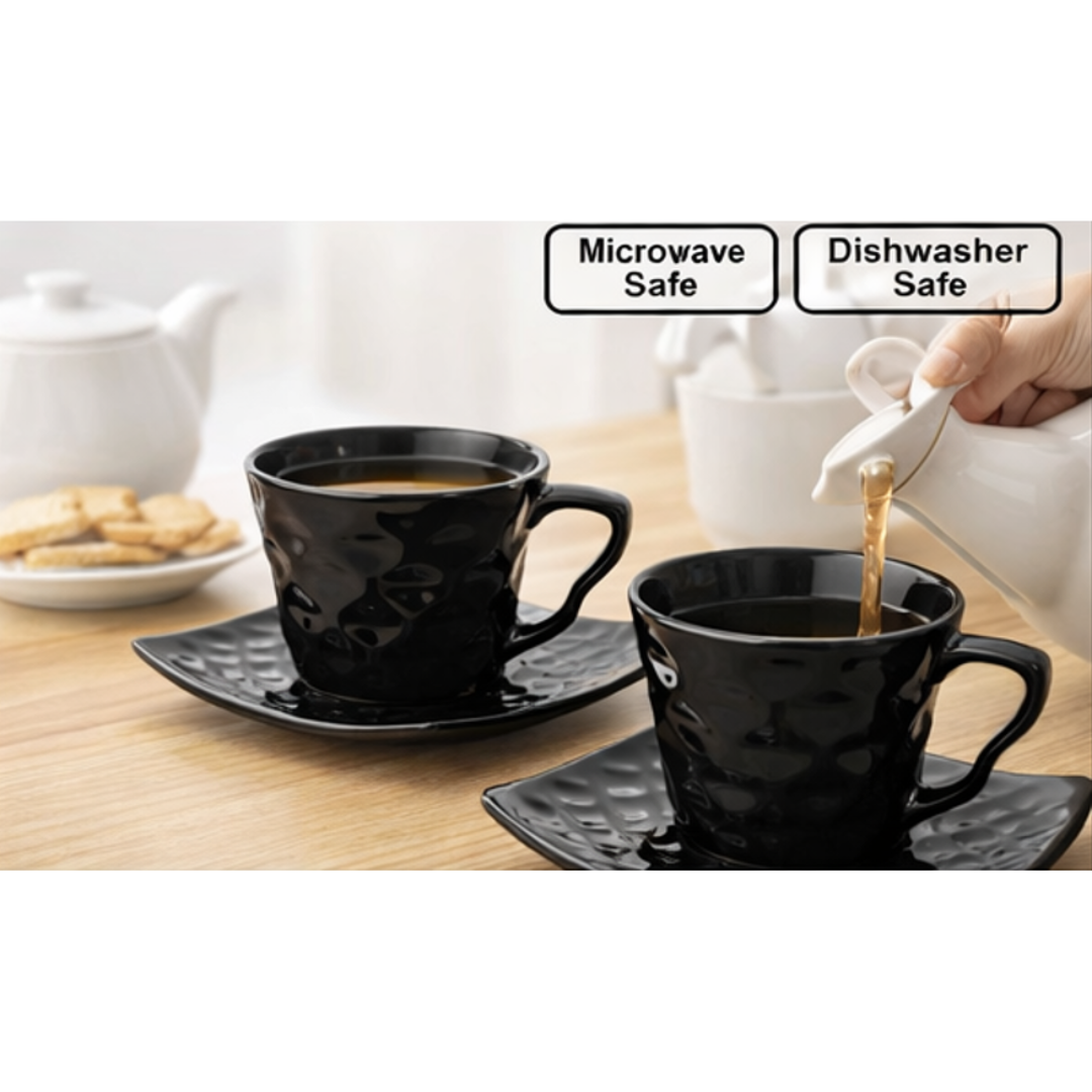 Cerapot Textured Finish Ceramic Cup & Saucer Set of 6 – Black Glossy Coffee & Tea Cups with Square Saucers