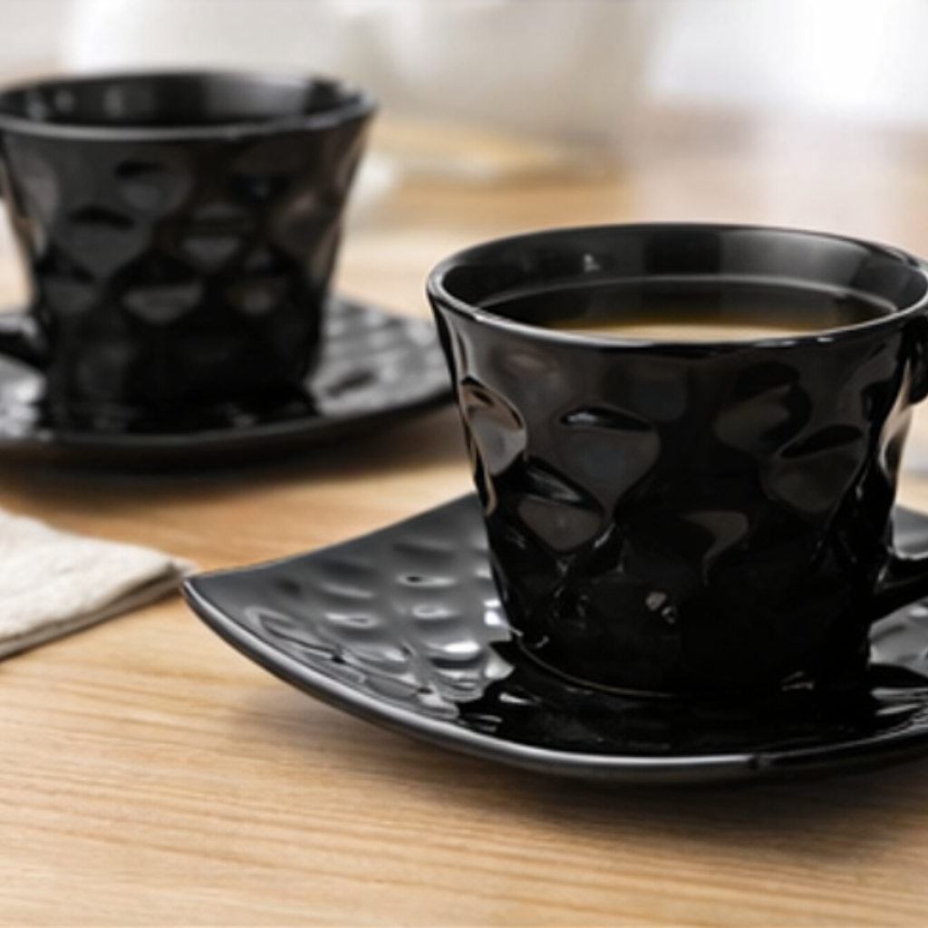 Cerapot Textured Finish Ceramic Cup & Saucer Set of 6 – Black Glossy Coffee & Tea Cups with Square Saucers