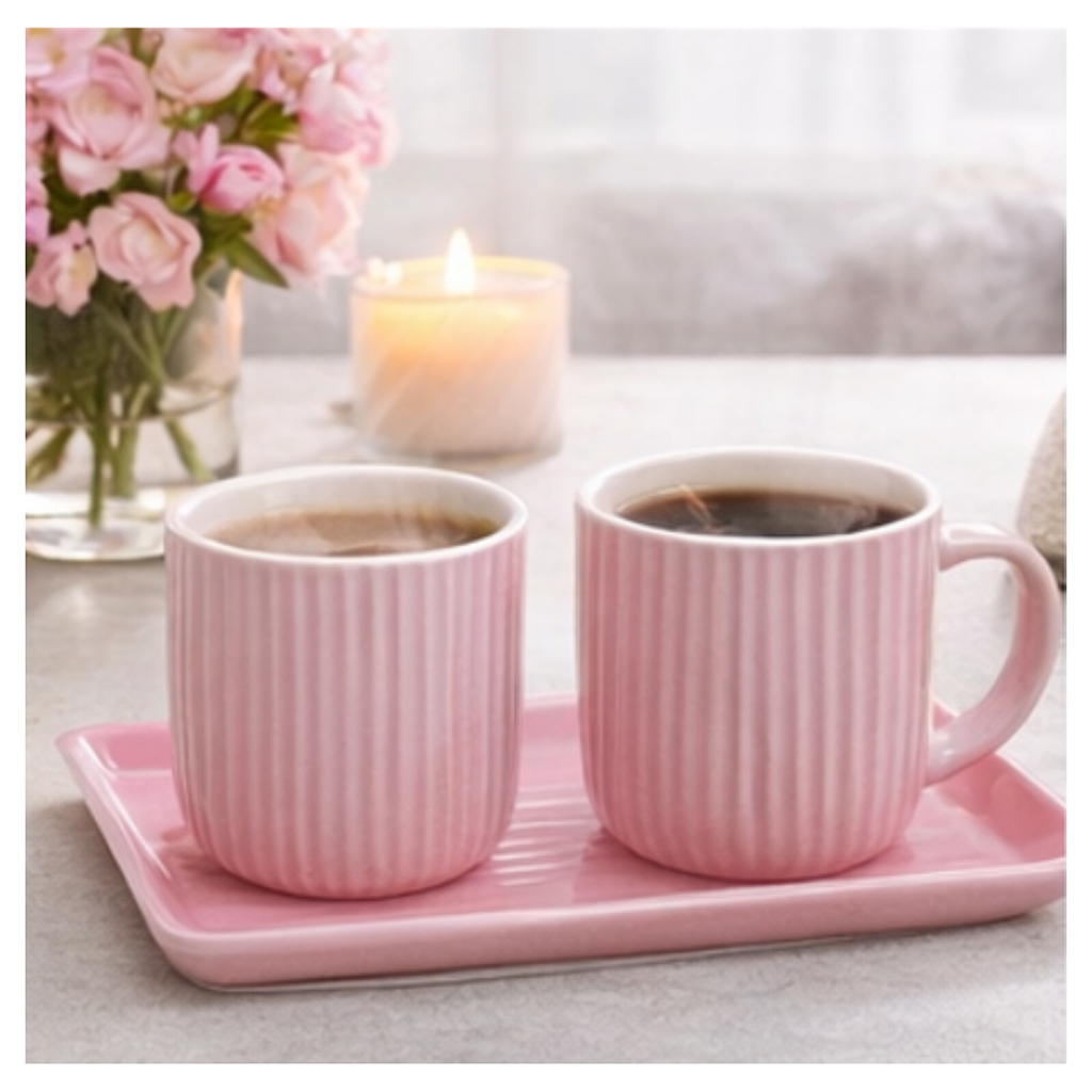 Cerapot Pink Ceramic Stripe Tea & Coffee Mug Set with Tray – Ribbed Design Cups | Set of 2 with Serving Tray