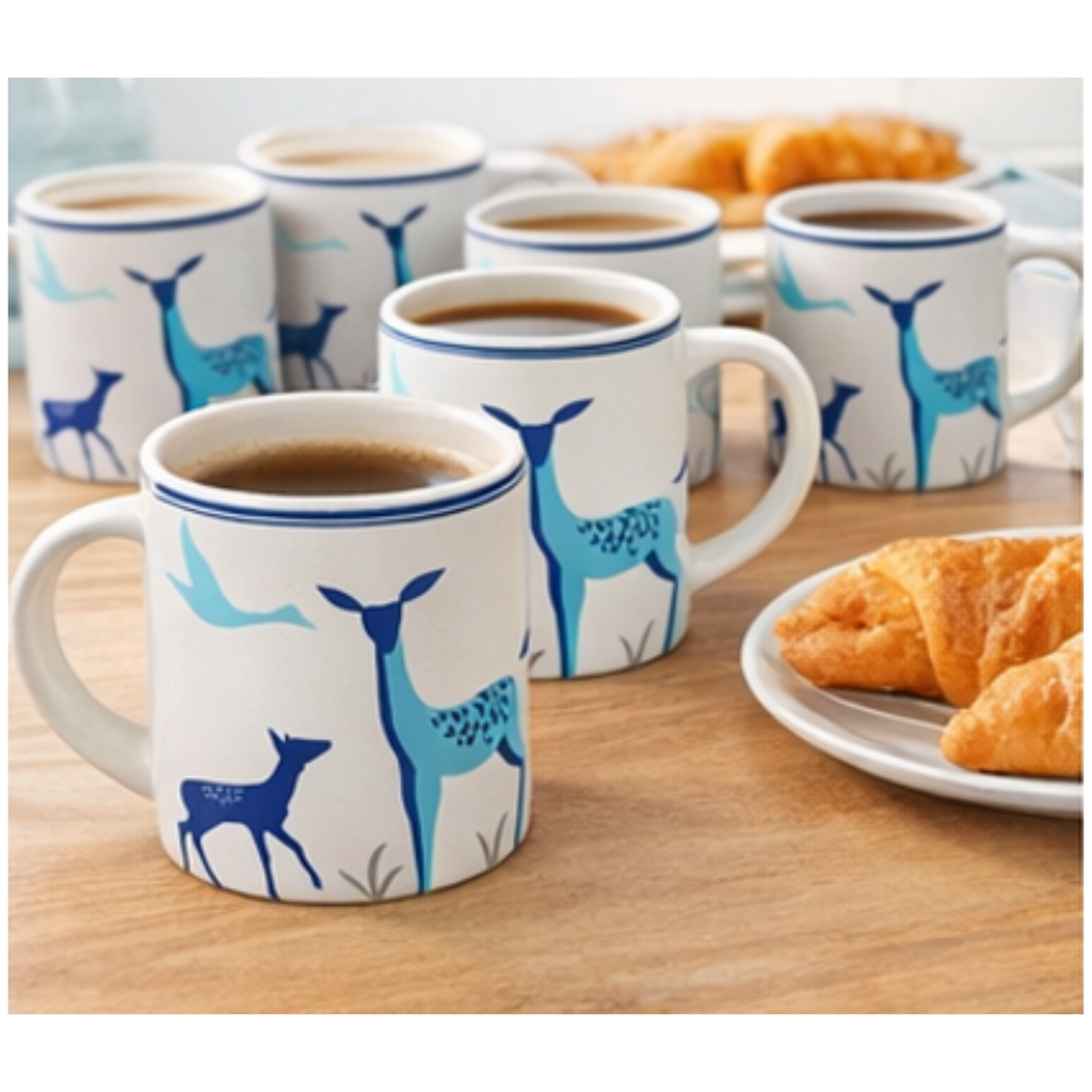 Cearpot Alive Ceramic Milk Mug Set of 6 – 330 ml Deer & Bird Printed Coffee & Tea Cups