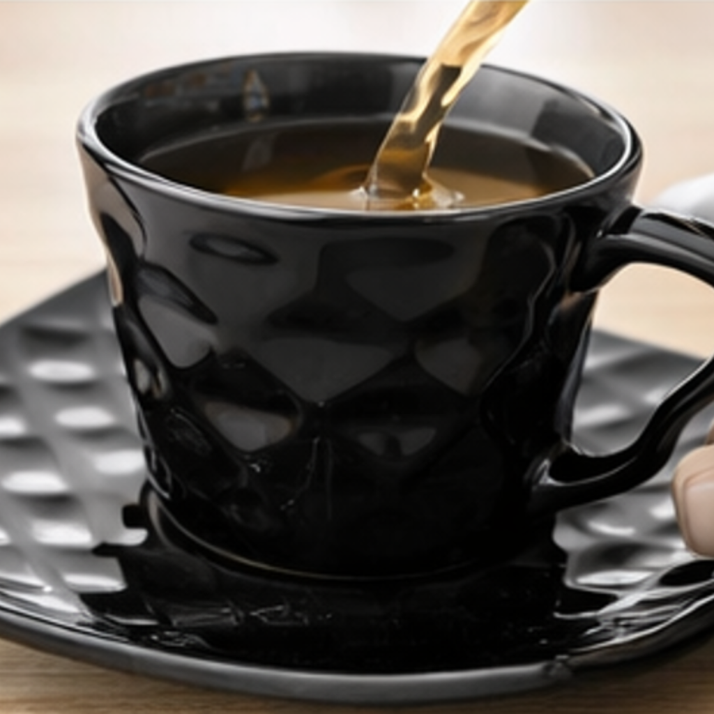 Cerapot Textured Finish Ceramic Cup & Saucer Set of 6 – Black Glossy Coffee & Tea Cups with Square Saucers