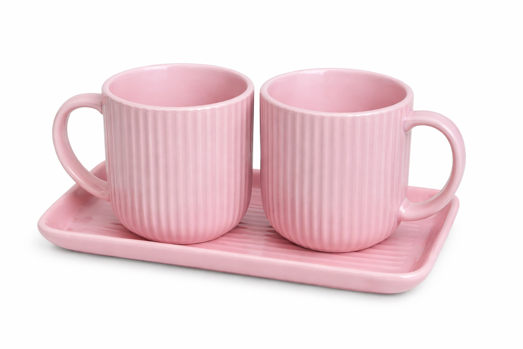 Cerapot Pink Ceramic Stripe Tea & Coffee Mug Set with Tray – Ribbed Design Cups | Set of 2 with Serving Tray